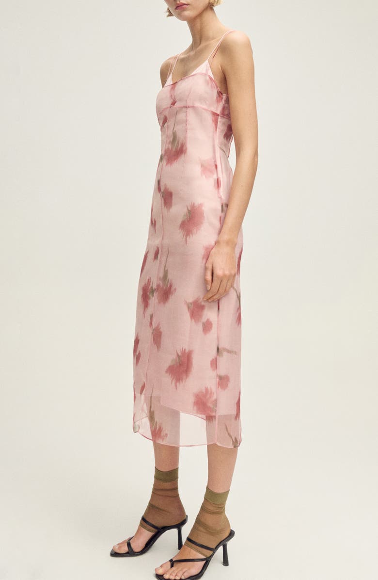 MANGO Floral Print Chiffon Overlay Midi Dress, Alternate, color, Pastel Pink