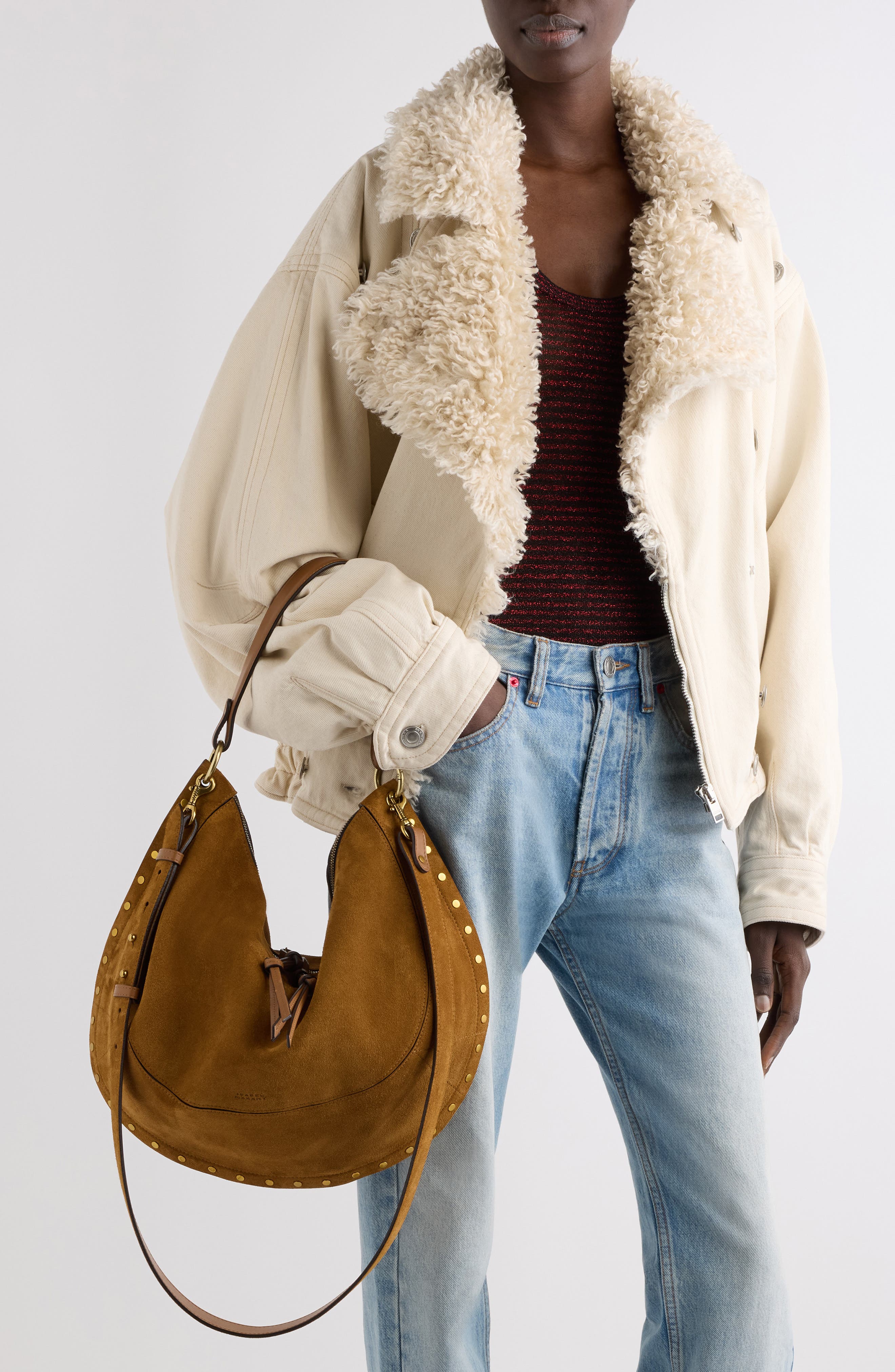 Oskan Soft Studded Suede Hobo, Alternate, color, COGNAC 50CO