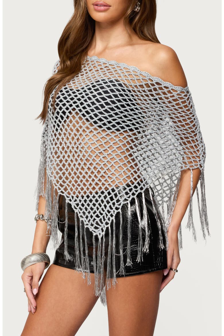 Evette Fringe Metallic Poncho, Alternate, color, SILVER