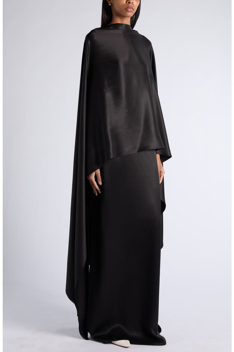 Fluid Silk Satin Cape Maxi Dress, Alternate, color, DOUBLE BLACK
