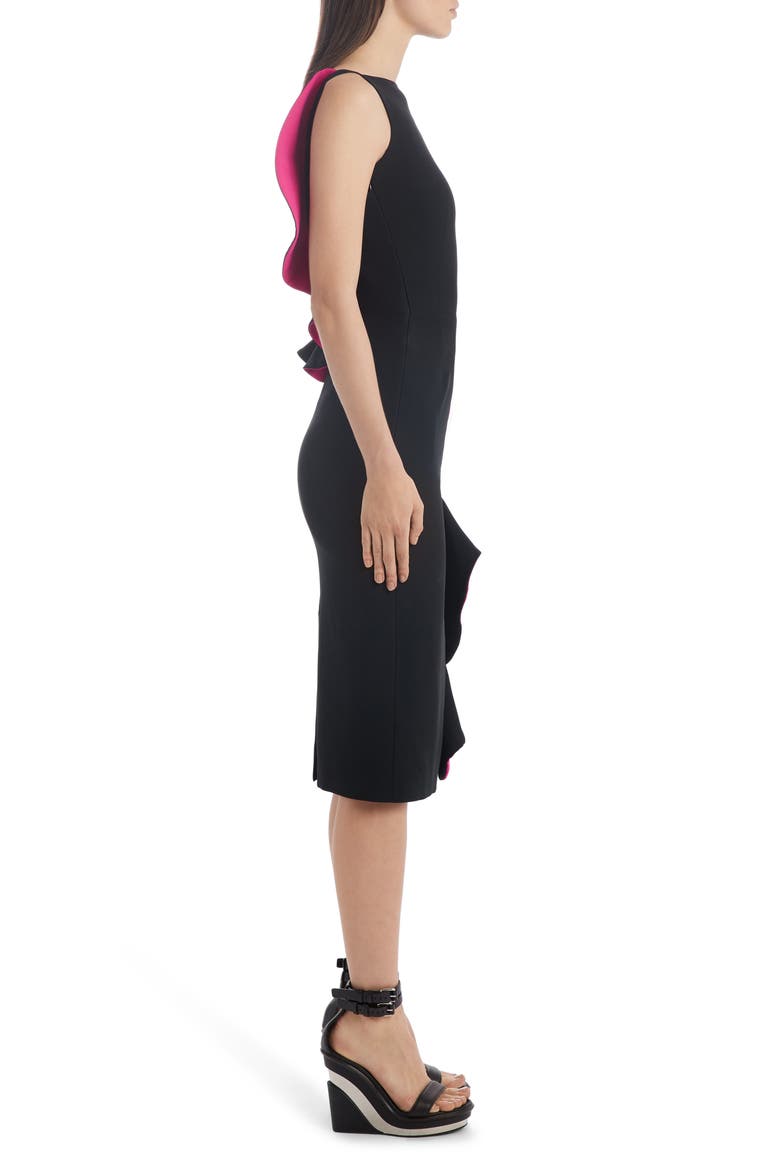 Alexander McQueen Contrast Ruffle Trim Sheath Dress, Alternate, color, BLACK/ ORCHID PINK