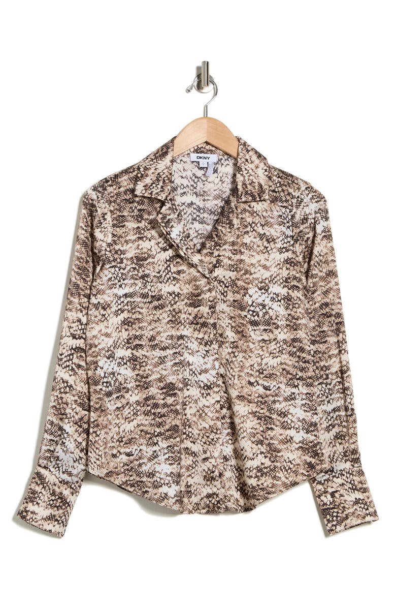 DKNY Snakeskin Print Satin Button-Up Top, Alternate, color, Travertin/ Ecru