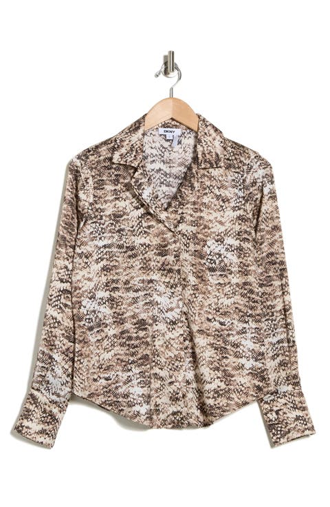 Snakeskin Print Satin Button-Up Top