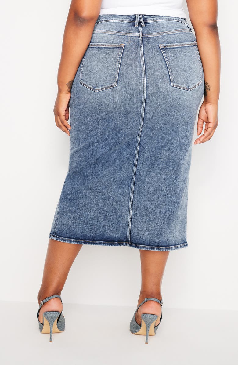 Good American Front Slit Denim Midi Skirt, Alternate, color, 