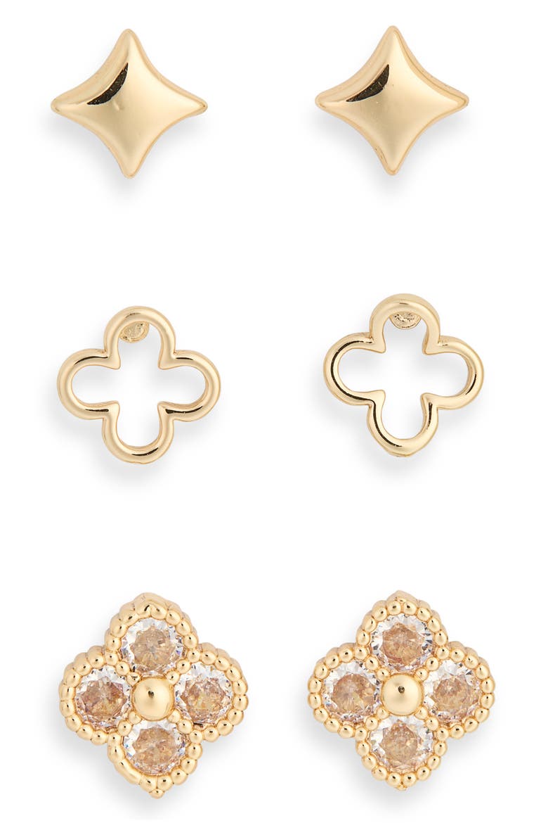 Set of 3 Clover Stud Earrings, Main, color, GOLD