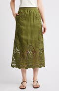 FARM Rio Majestic Garden Embroidered Eyelet Linen Midi Skirt