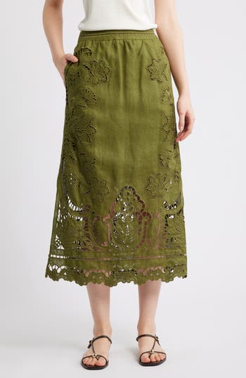Farm Rio Majestic Garden Embroidered Eyelet Linen Midi Skirt In Green