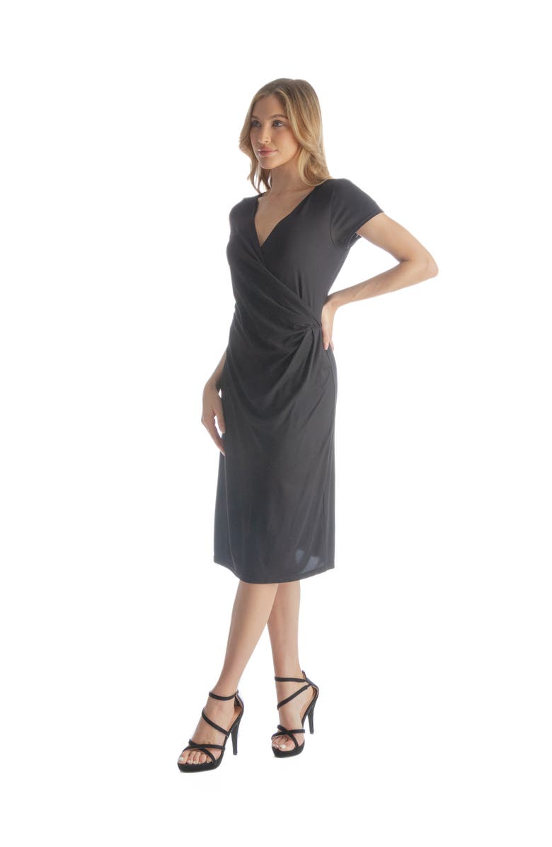 24seven Comfort Apparel Short Sleeve Knee Length Faux Wrap Dress, Alternate, color, Black