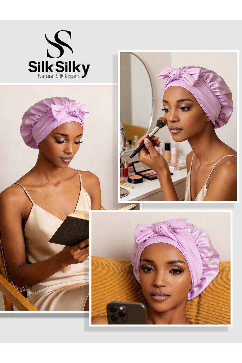 Pure Silk Bowknot Tie Bonnet, Alternate, color, Lavender