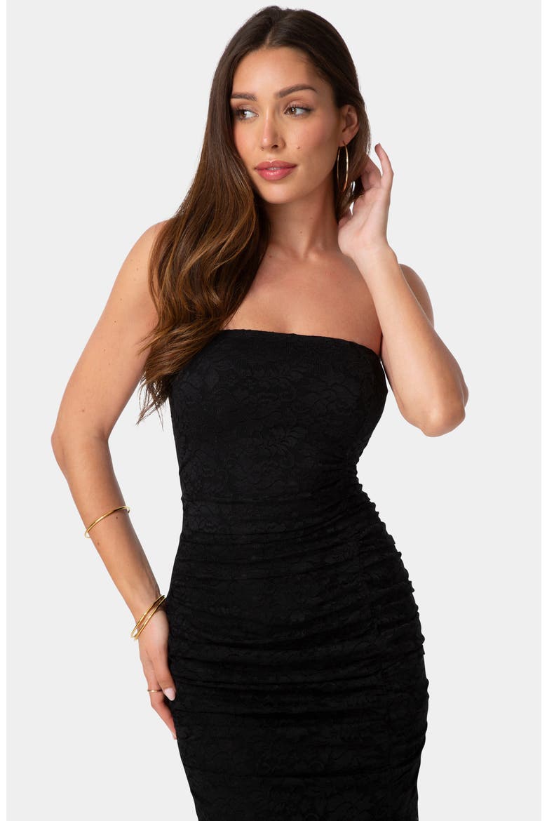 Lace Ruffle Strapless Midi Dress, Alternate, color, SAGE