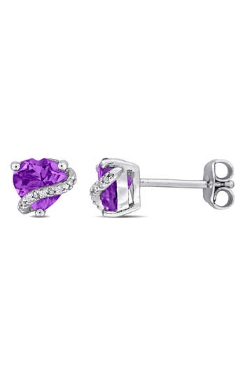 Delmar Sterling Silver Amethyst & Diamond Heart Stud Earrings In Purple