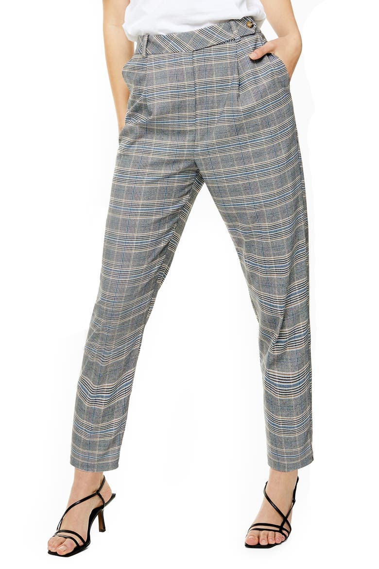 High Waist Tapered Plaid Trousers, Main, color, GREY