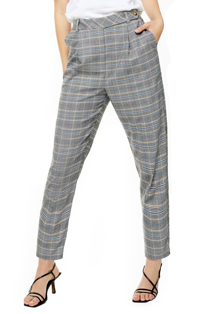 Topshop High Waist Tapered Plaid Trousers, Main, color,