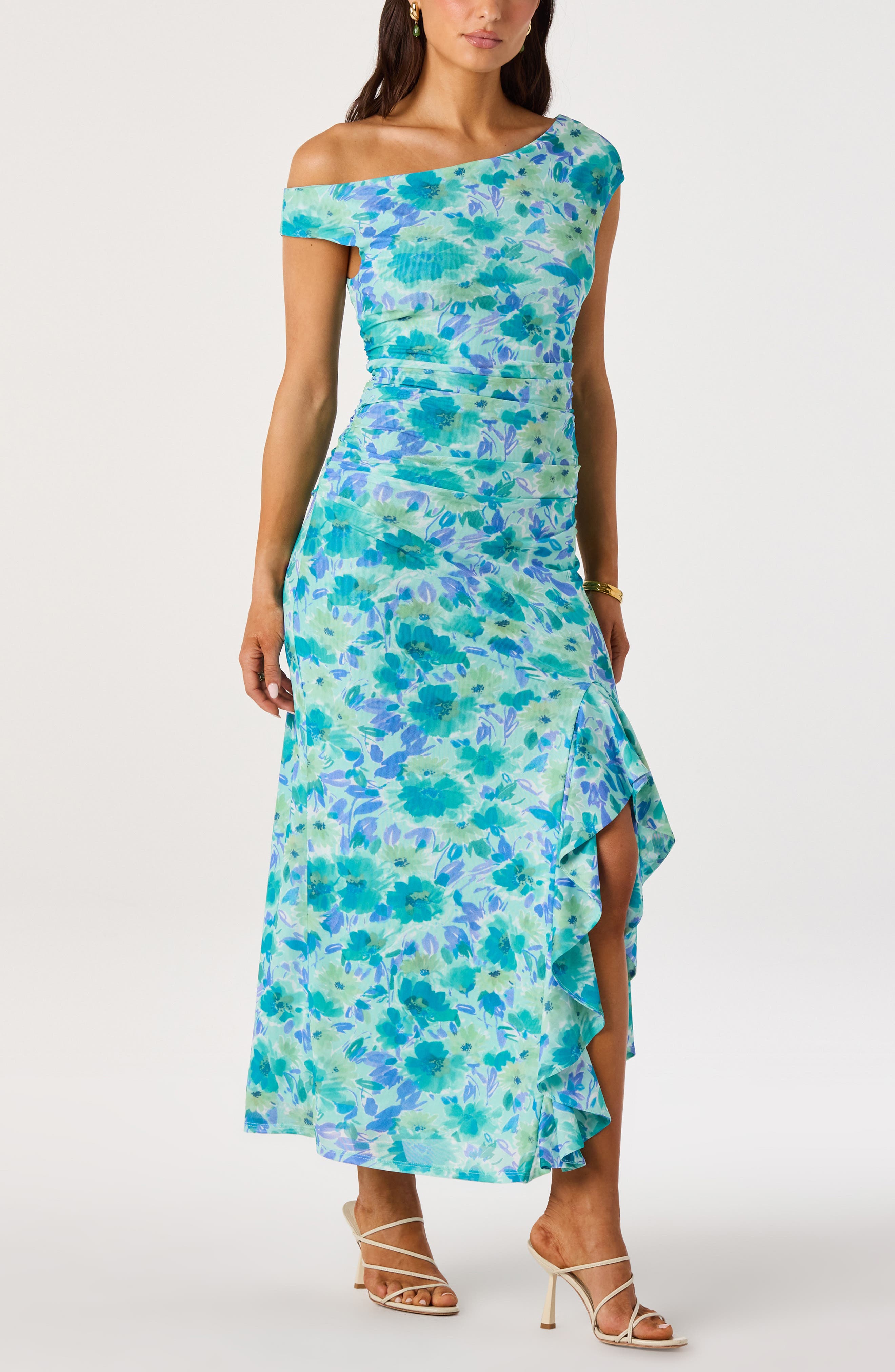 ruched asymmetric one-shoulder maxi dress in buttercream ASTR the Label | Off Shoulder Ruched Floral Maxi Dress in Blue Floral
