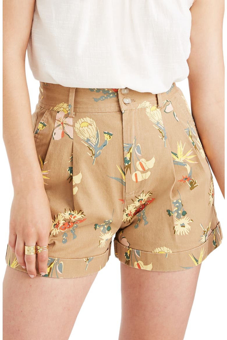 Hawaiian Hideaway Pleated Shorts, Main, color, TROPICAL FLORAL EARTHEN SAND
