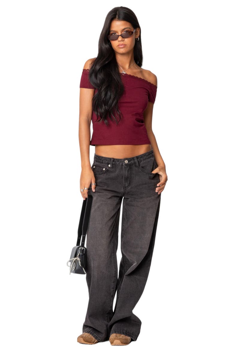 XOE Lace Trim Off the Shoulder Crop Top, Alternate, color, BURGUNDY