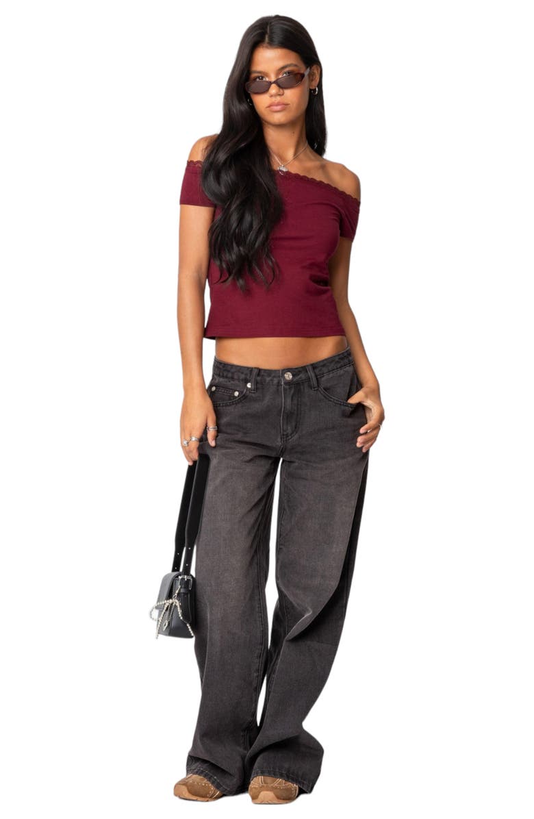 EDIKTED XOE Lace Trim Off the Shoulder Crop Top, Alternate, color, Burgundy