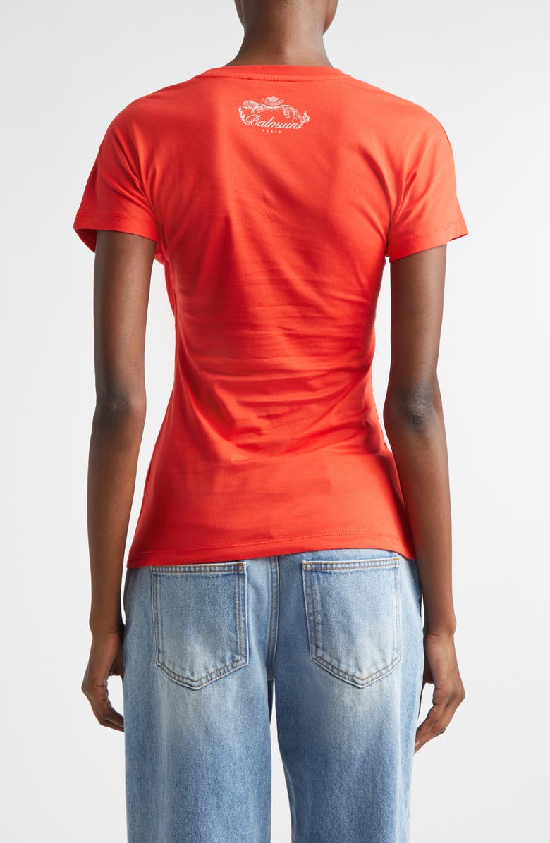 Balmain Button Detail Draped Jersey T-Shirt, Alternate, color, Red