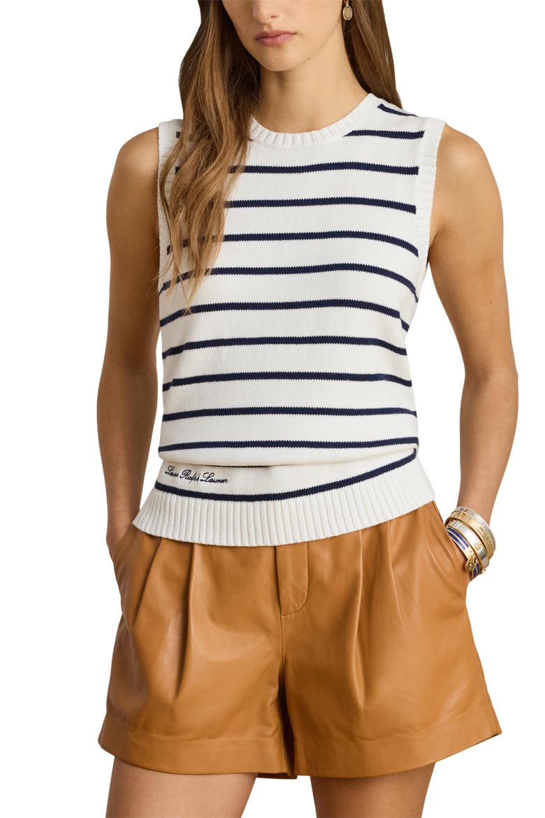 Stripe Sleeveless Combed Cotton Sweater, Main, color, WHITE/ REFINED NAVY