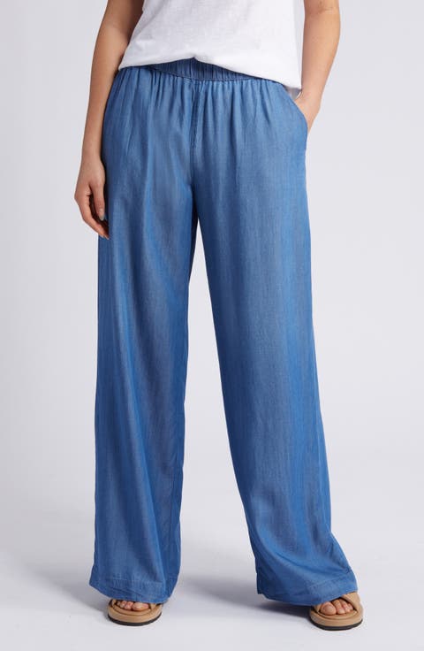 Drawstring Wide Leg Chambray Pants