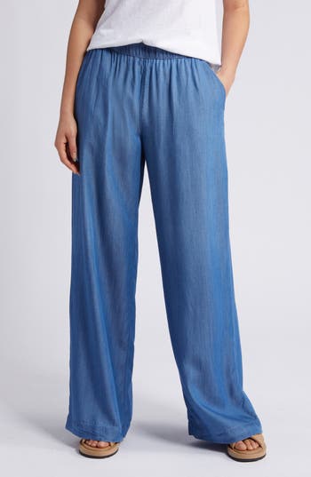 Caslon Drawstring Wide Leg Chambray Pants In Blue