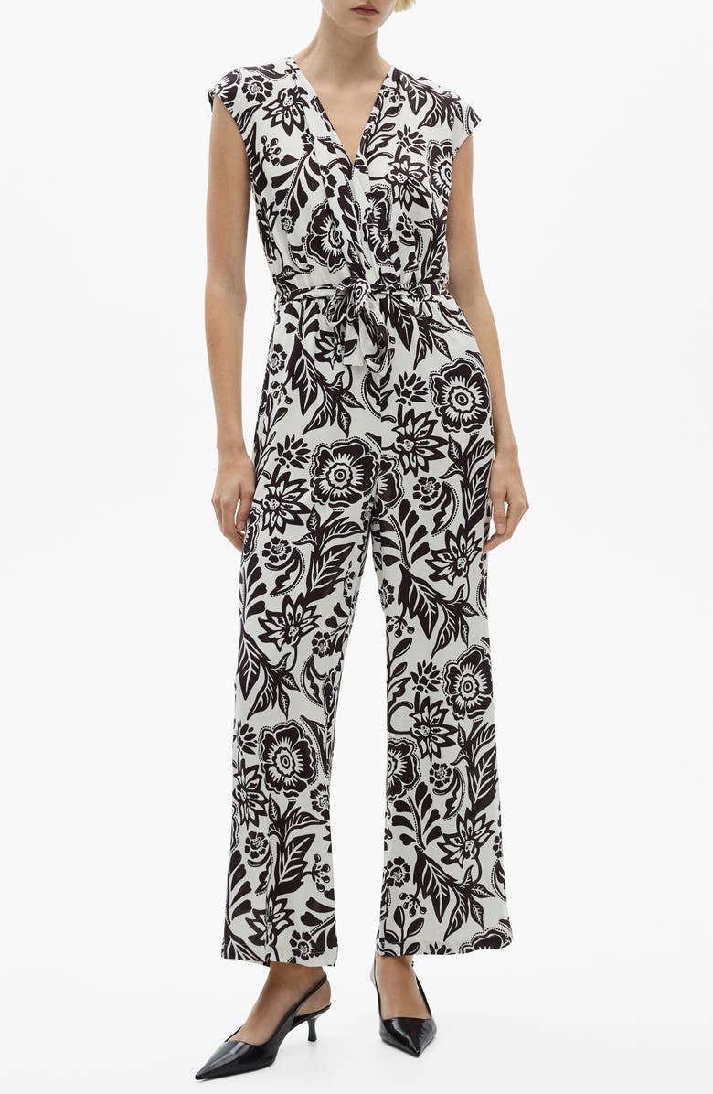 MANGO Floral Belted Jumpsuit, Main, color, White