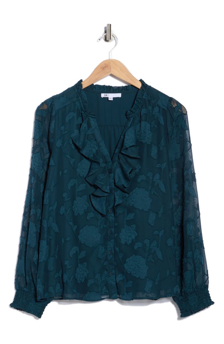DR2 by Daniel Rainn Romantic Ruffle Button-Up Shirt, Alternate, color, Dark Teal
