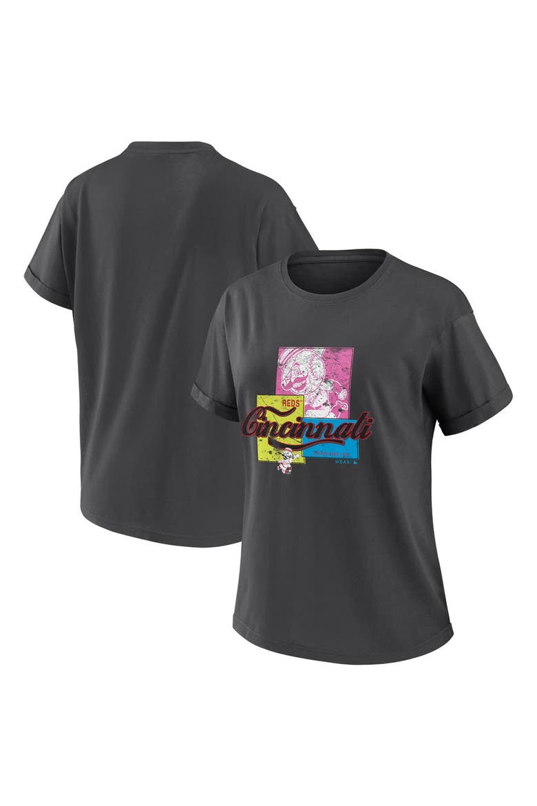 Women's WEAR by Erin Andrews Charcoal Cincinnati Reds Domestic Box Color Boyfriend T-Shirt, Main, color, Charcoal