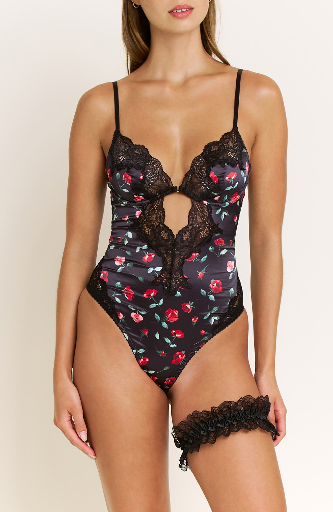 Honeydew Garden of Eden Lace Trim Satin Bodysuit & Garter Set