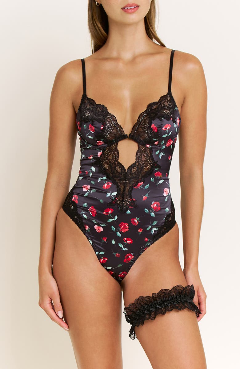 Honeydew Garden of Eden Lace Trim Satin Bodysuit & Garter Set, Main, color, Dark Roses