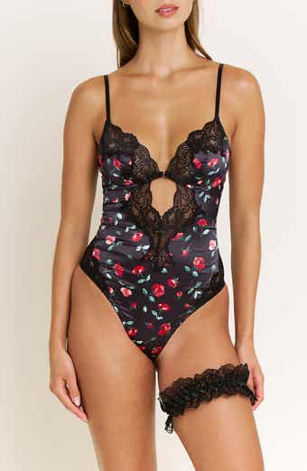 Honeydew Garden of Eden Lace Trim Satin Bodysuit & Garter Set