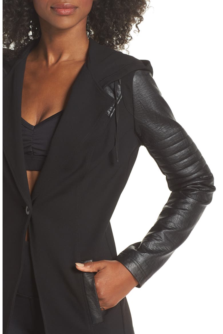 Hooded Moto Blazer with Faux Leather Sleeves, Alternate, color, BLACK