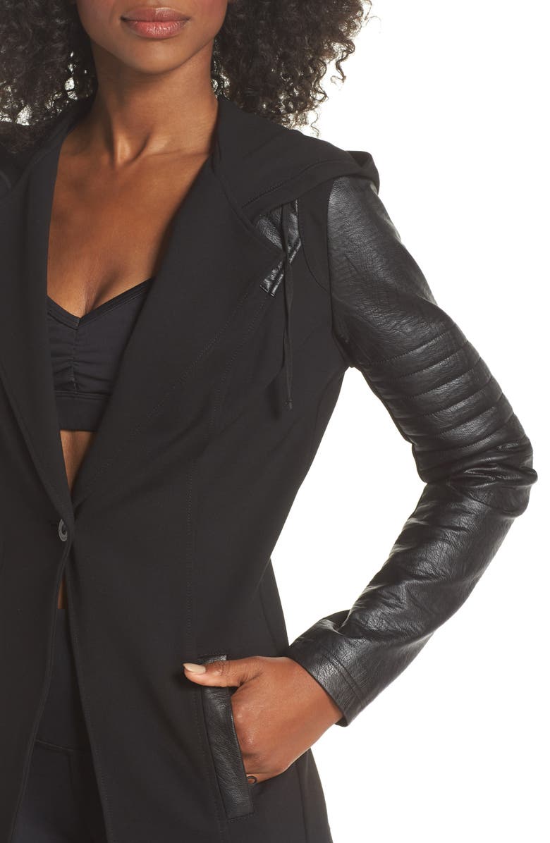 Blanc Noir Hooded Moto Blazer with Faux Leather Sleeves, Alternate, color,