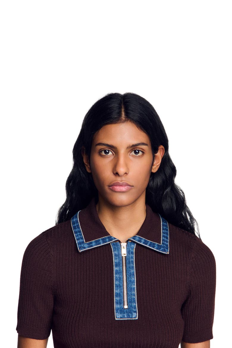 Knit polo sweater with denim collar, Alternate, color, Brown