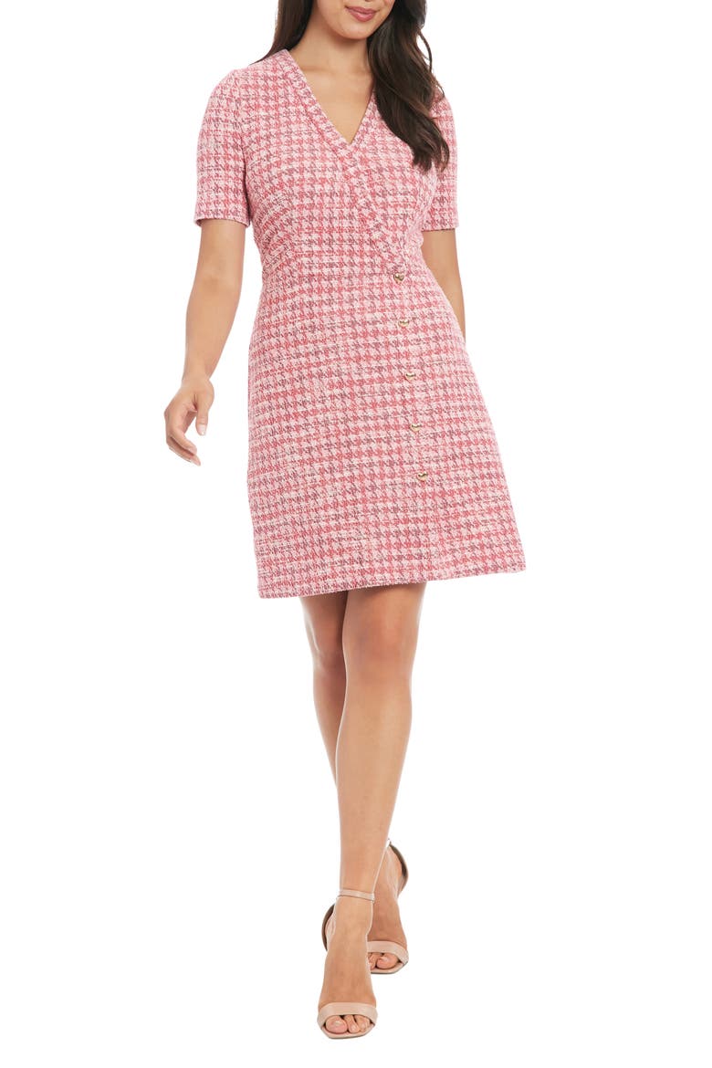 Short Sleeve Bouclé Faux Wrap Dress, Main, color, PINK