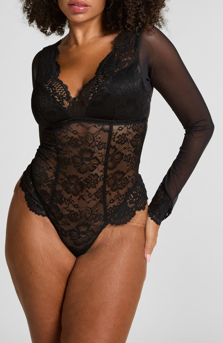 Hunkemöller Essie Long Sleeve Mesh & Lace Teddy, Main, color, Caviar