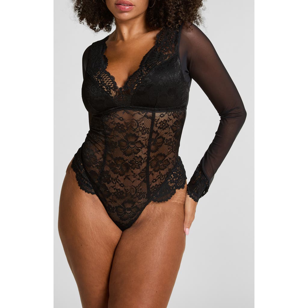 Hunkemoller Hunkemöller Essie Long Sleeve Mesh & Lace Teddy In Black