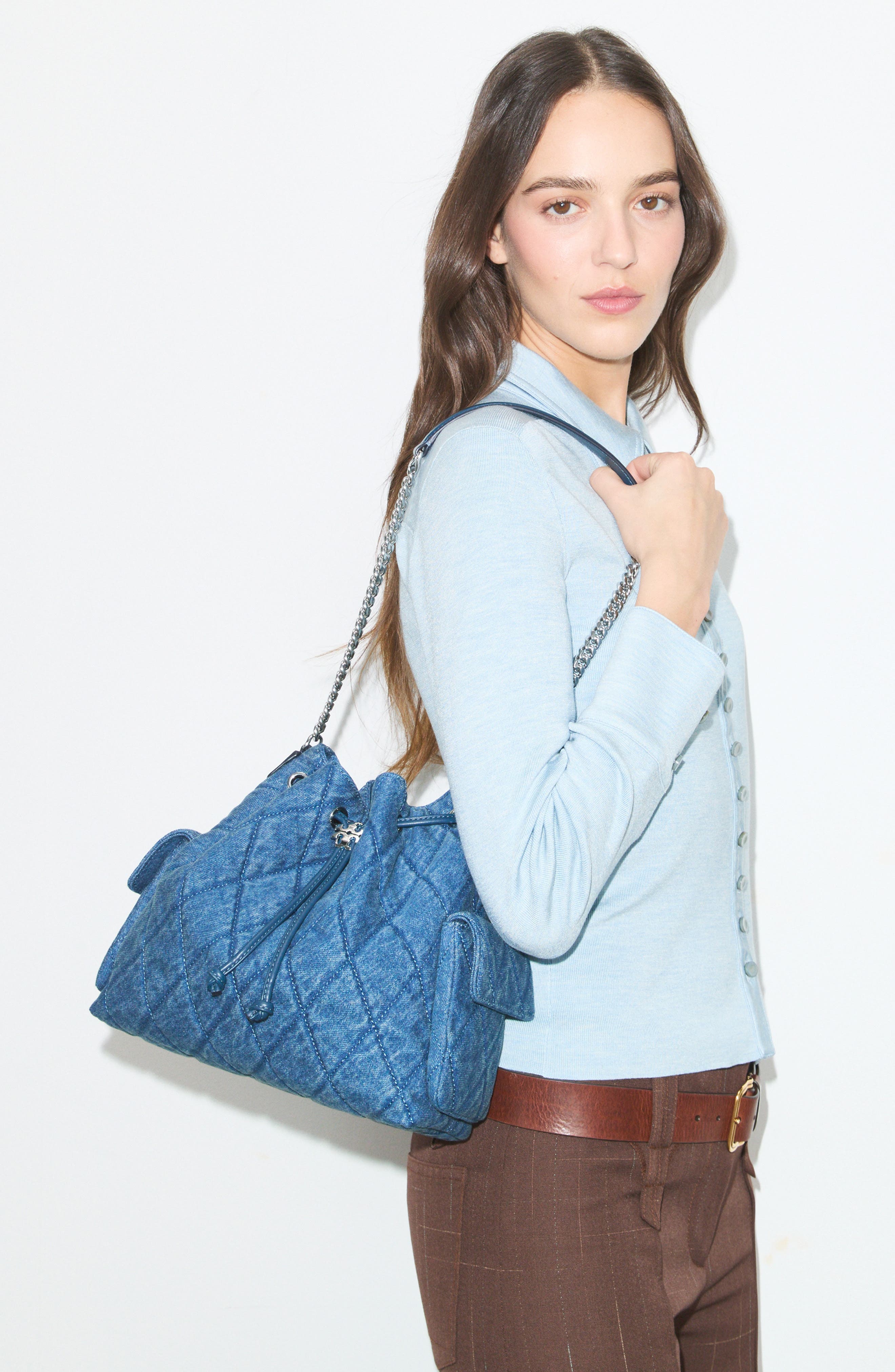 Tory Burch Charlie Quilted Denim Drawstring Shoulder Bag, Alternate, color, Blue