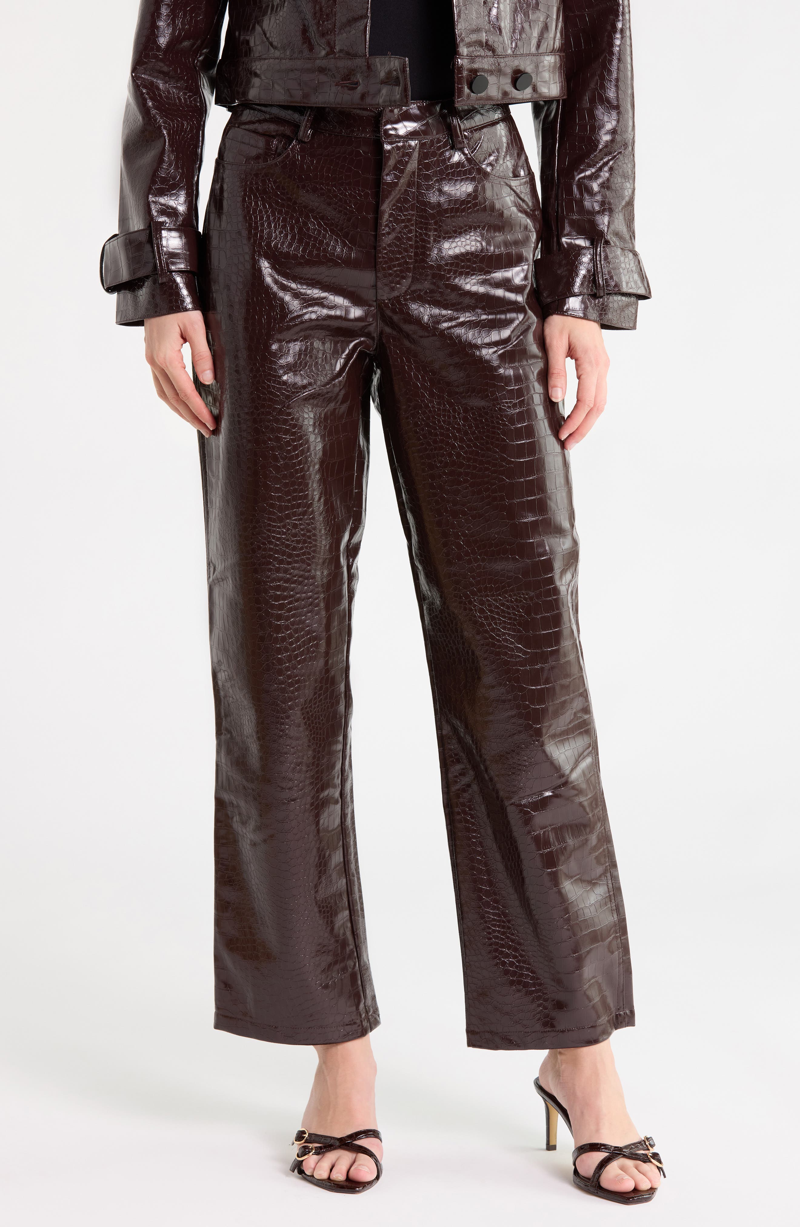 Croc Embossed High Waist Straight Leg Faux Leather Pants