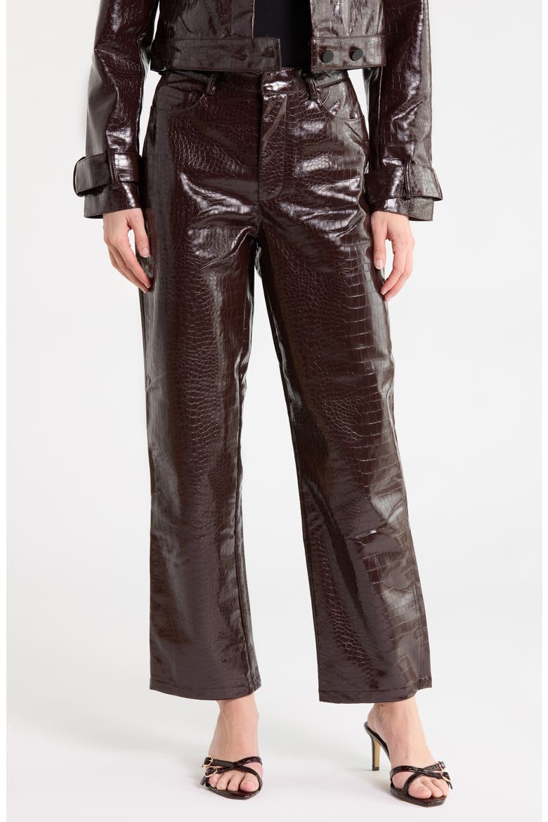 Croc Embossed High Waist Straight Leg Faux Leather Pants, Main, color, CHOCOLATE PLUM CROC