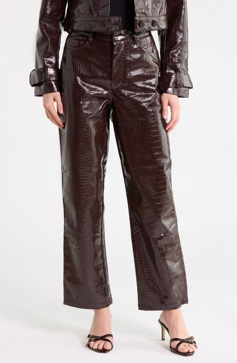 Croc Embossed High Waist Straight Leg Faux Leather Pants