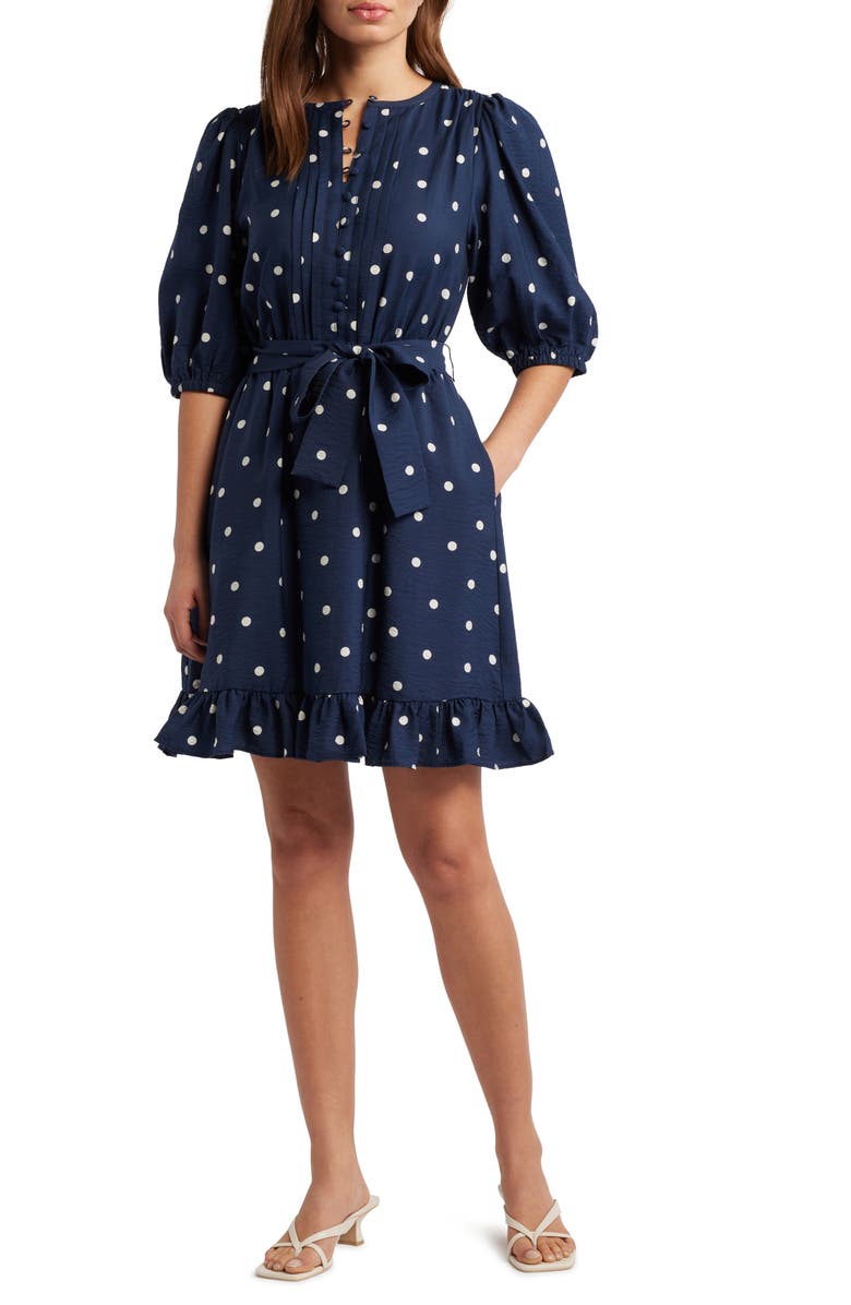 Caslon<sup>®</sup> Pintuck Tie Waist Dress, Main, color, Navy- Ivory Disorderly Dot