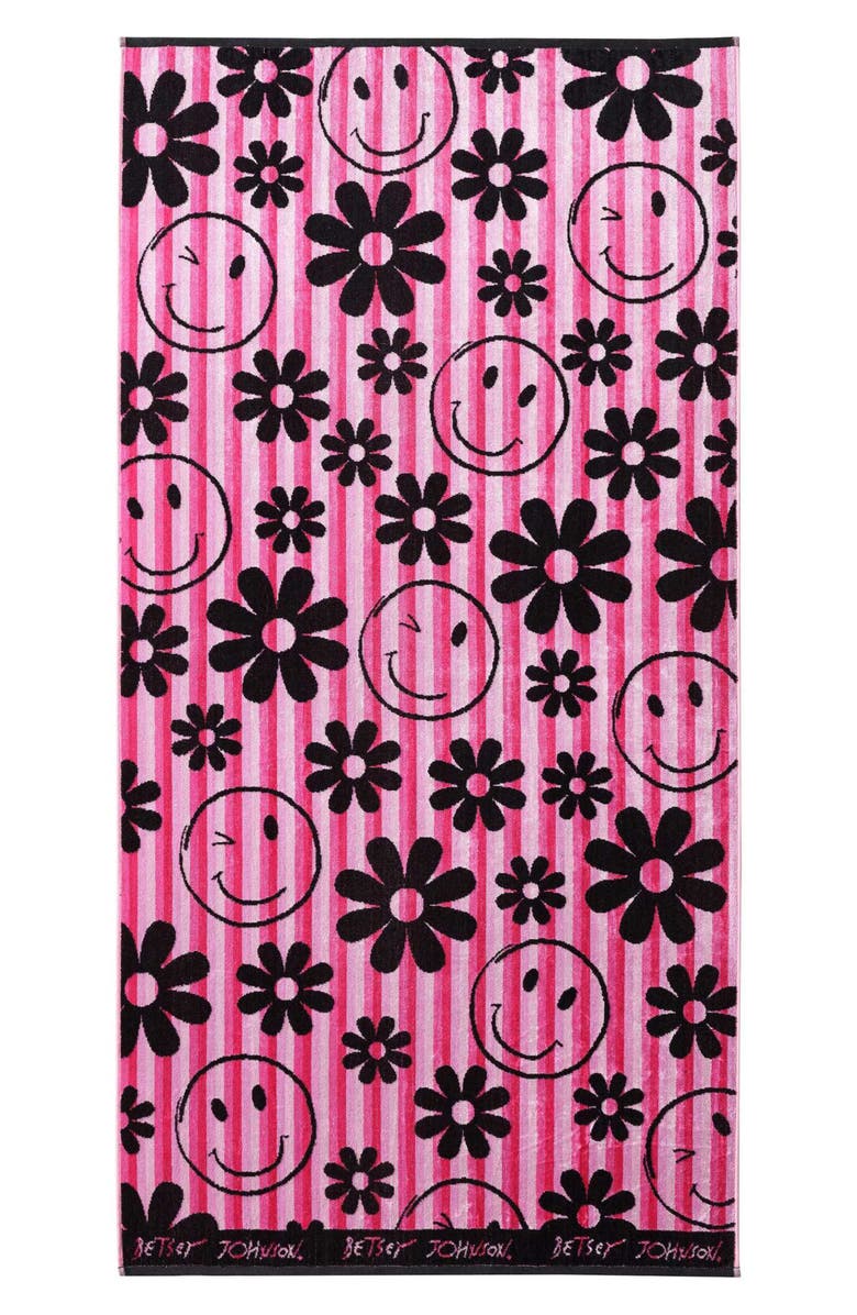 Betsey Johnson Smiley Daisy Beach Towel, Main, color, Medium / Dark Pink