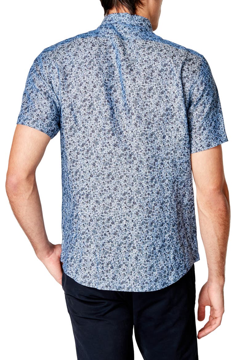 On Point Slim Fit Floral Short Sleeve Linen Button-Up Shirt, Alternate, color, BLUE TOPAZ DAISY PLAY