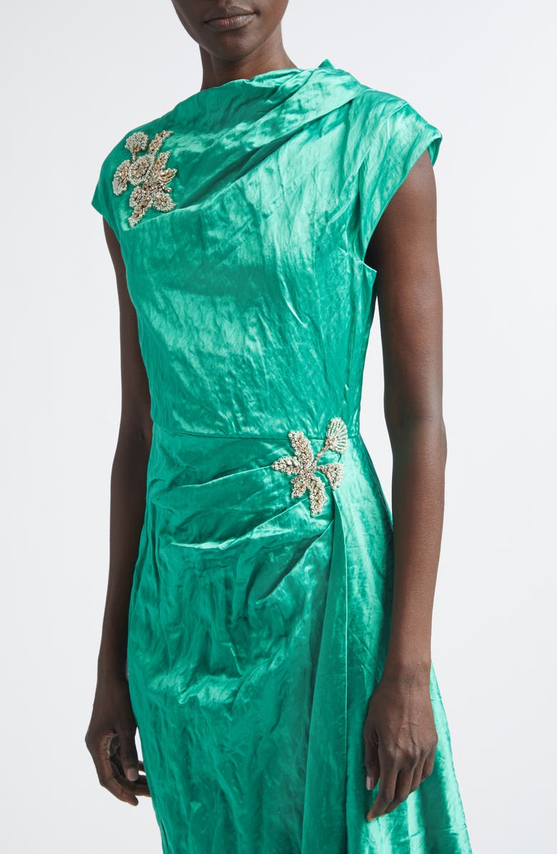 Erdem Embellished Asymmetric Crushed Satin Gown, Alternate, color, Sea Green