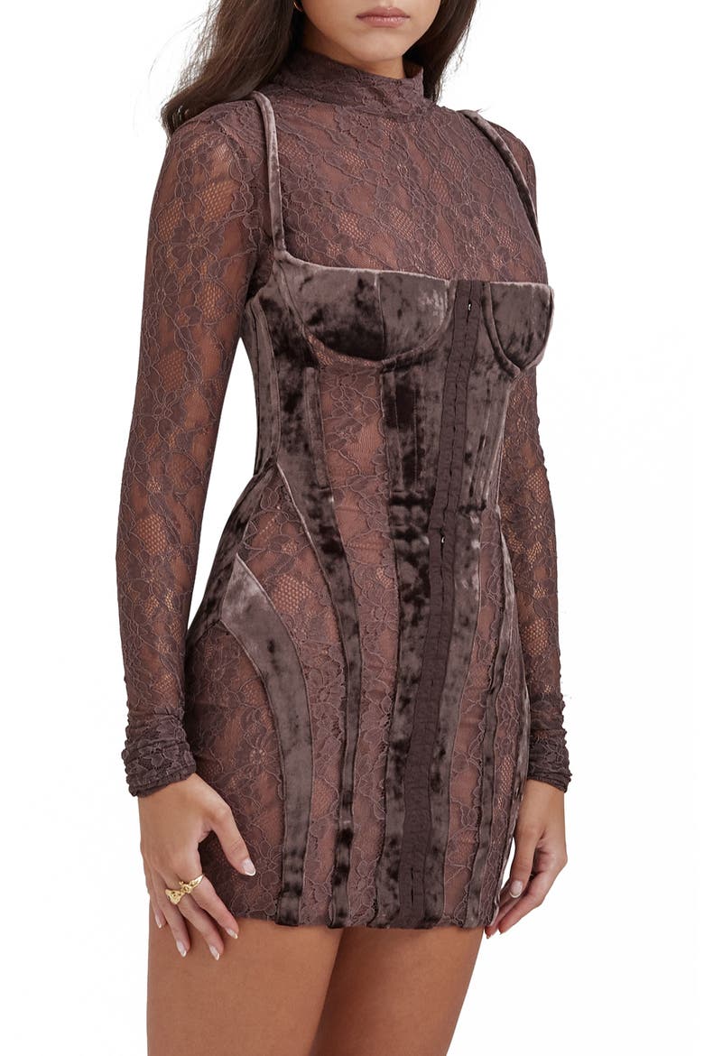 Marica Long Sleeve Lace & Velvet Minidress, Alternate, color, BROWN