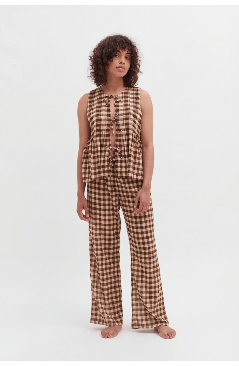 Desmond & Dempsey Pleated Cami Lounge Pajama Set, Main, color, Gingham 50S Brown/Cream
