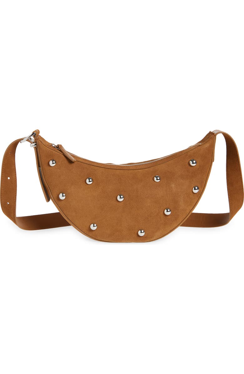 Madewell Studded Crescent Suede Sling Bag, Main, color, Dried Acorn