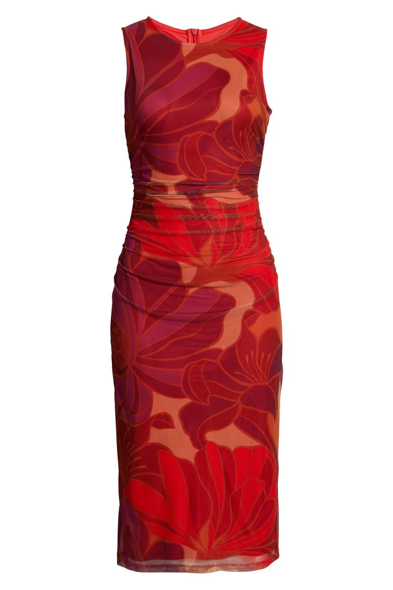 Floral Mesh Body-Con Midi Dress, Alternate, color, RED MULTI