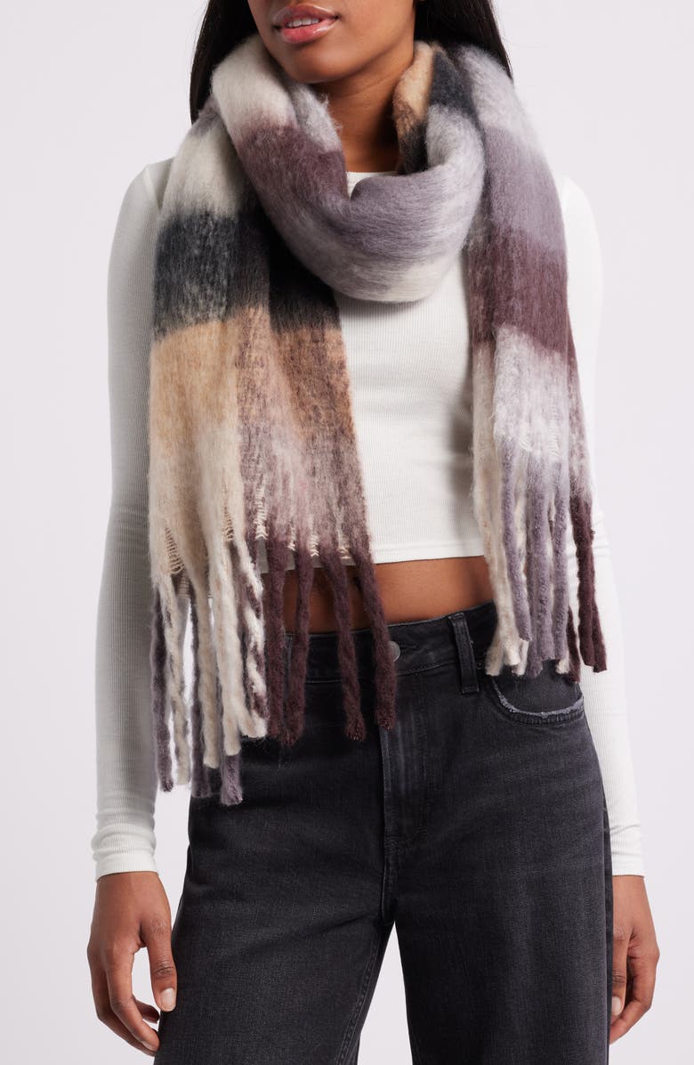 BP. Fringe Blanket Scarf, Main, color, Brown Plaid